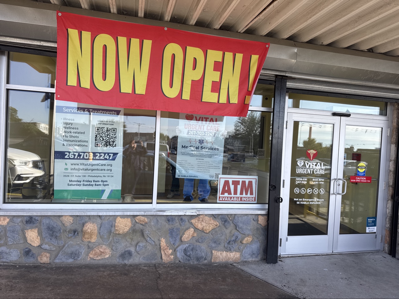 Contact 1 Vital Urgent Care clinic storefront in Harrowgate Plaza, Philadelphia