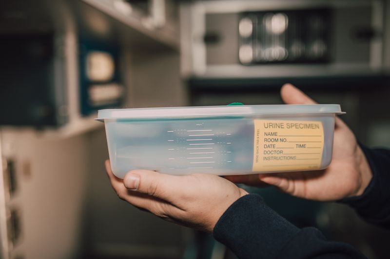 Hands holding a labeled urine specimen container in a lab